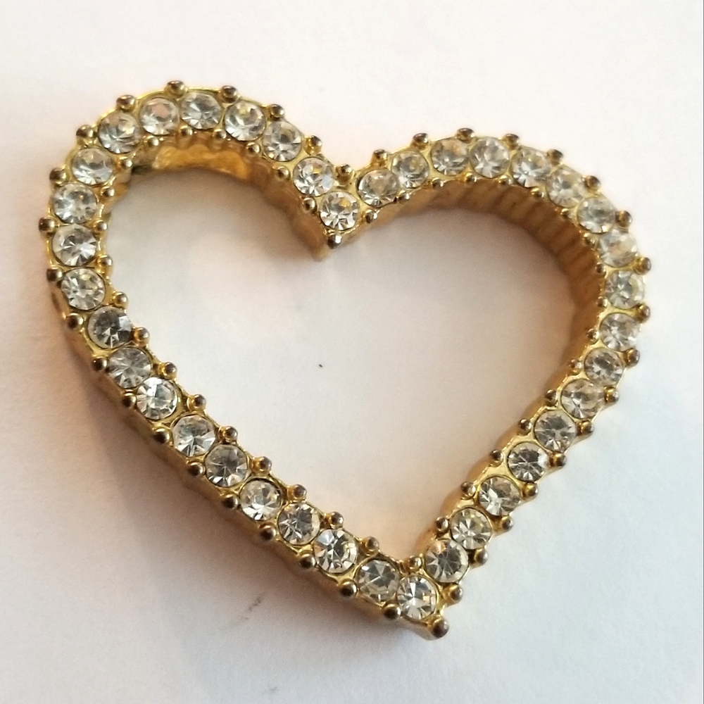 Vintage pendant open heart clear rhinestones gold tone